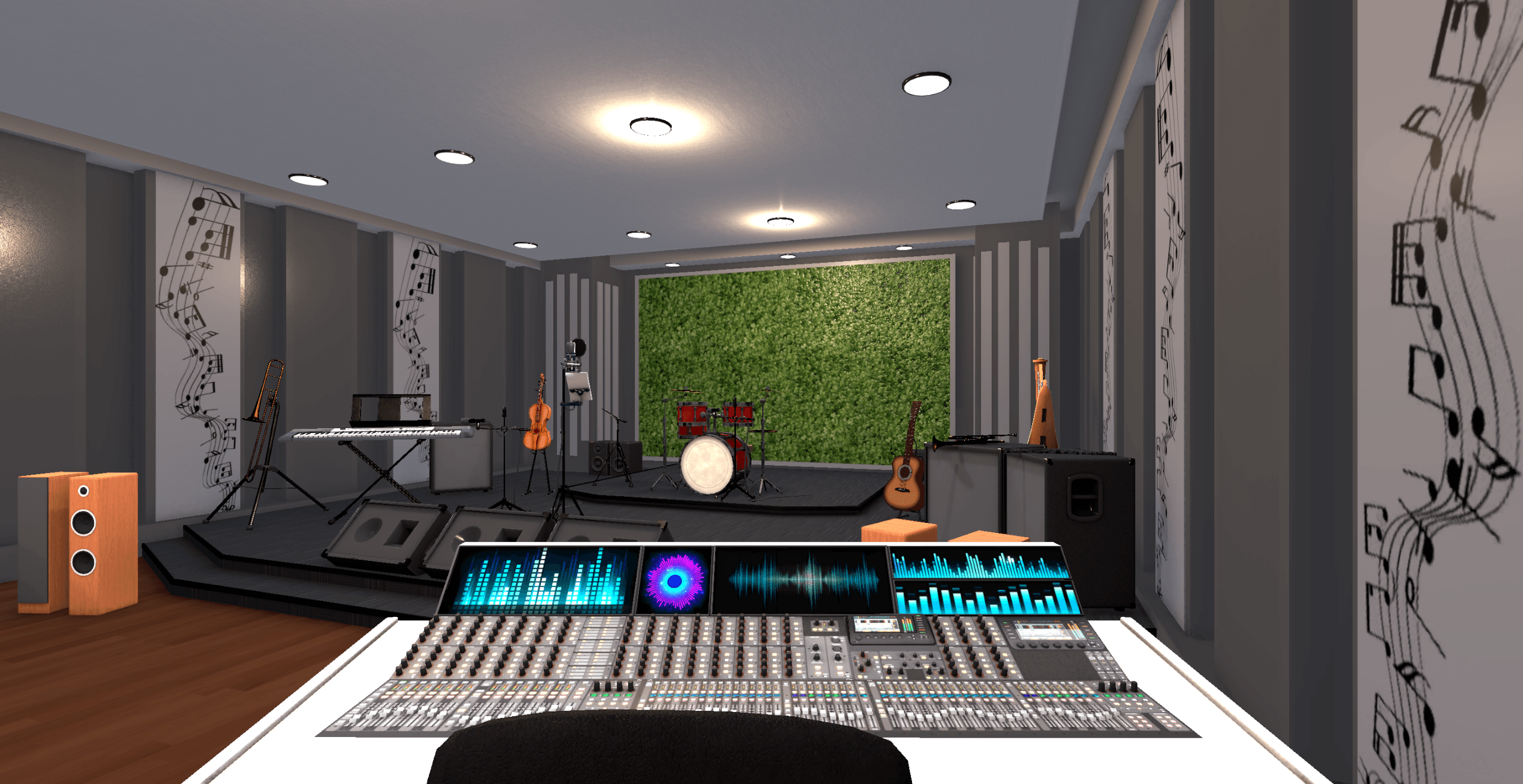 RYMA's Studio A performance stage, with a full band setup