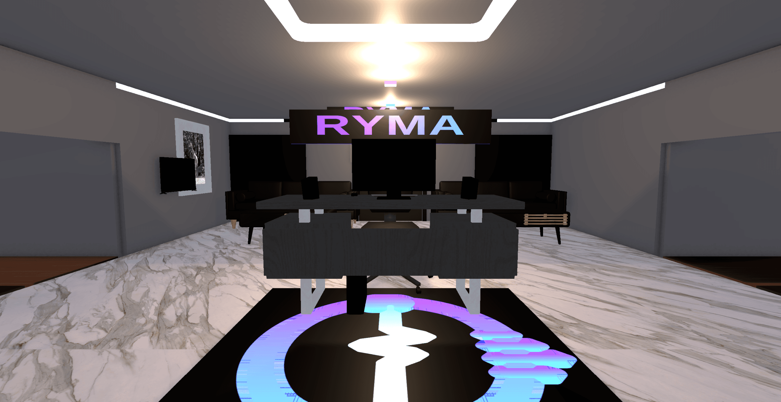 Reception lounge with a glowing RYMA sign over a shared desk