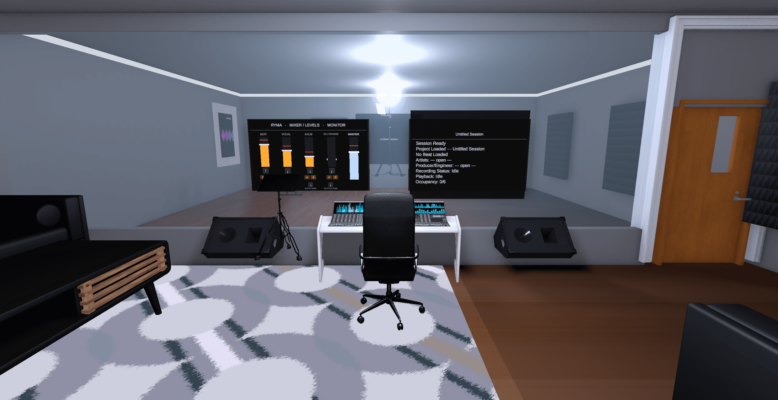 Studio B control room with a mixer desk and branded wall display